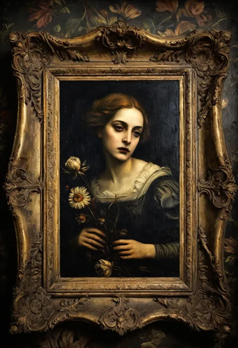 portrait, frame, old picture, horror tone, dark senss dead flowers in background, oil paint, antique period, the image was paint...