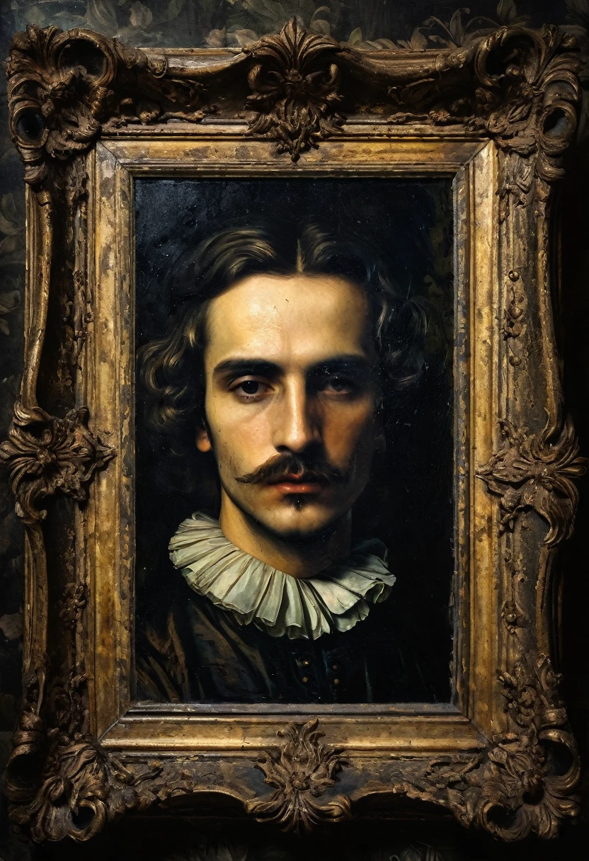 a man portrait, frame, old picture, horror tone, dark senss dead flowers in background, oil paint, antique period, the image was painted by a Renaissance artist, the painting must have signs of use and must be aged