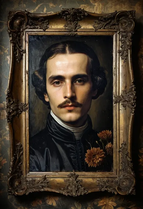 a man portrait, frame, old picture, horror tone, dark senss dead flowers in background, oil paint, antique period, the image was...