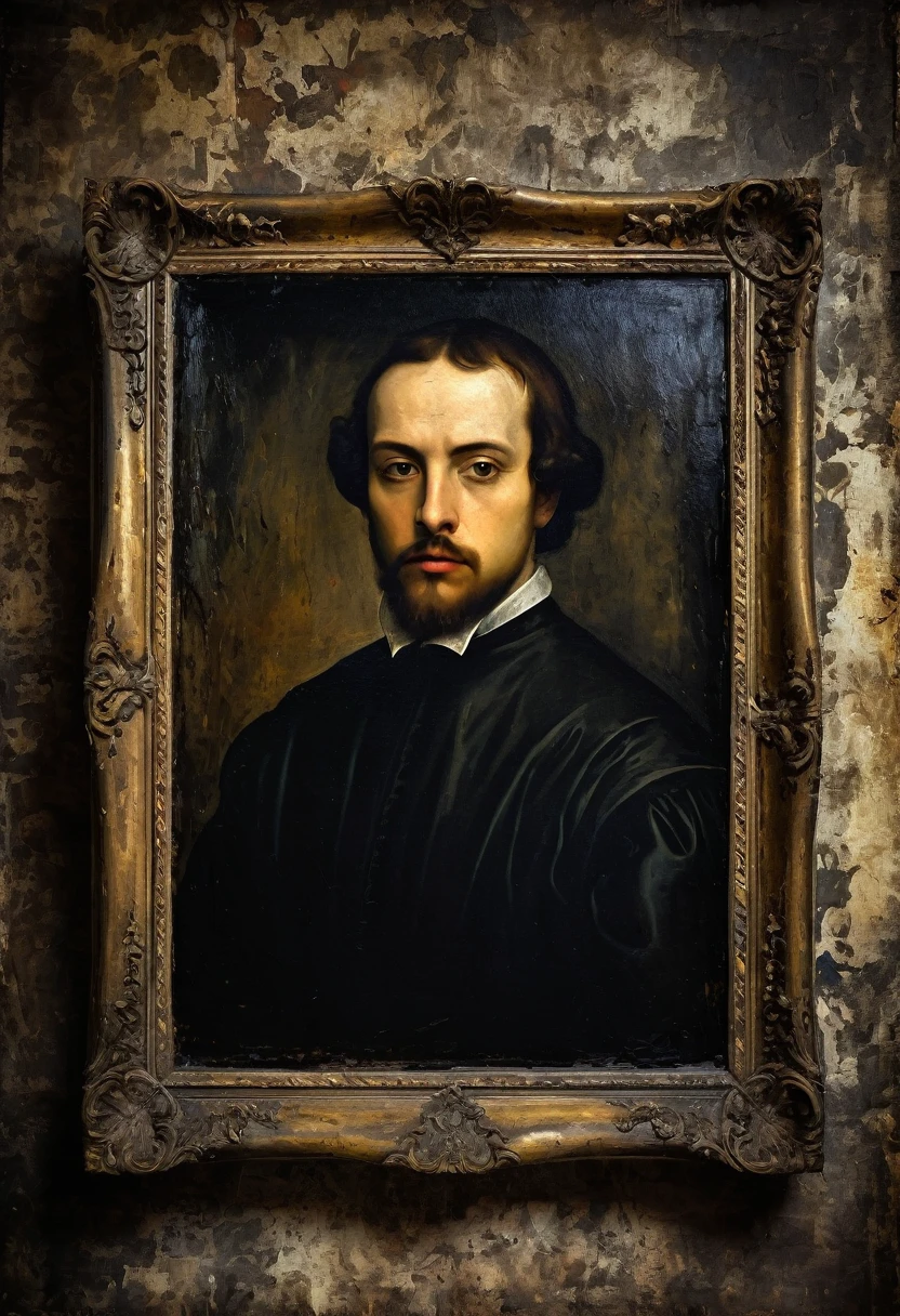 a man portrait, frame, old picture, horror tone, dark sense, abstract things in background, oil paint, antique period, the image was painted by a Renaissance artist, the painting must have signs of use and must be aged