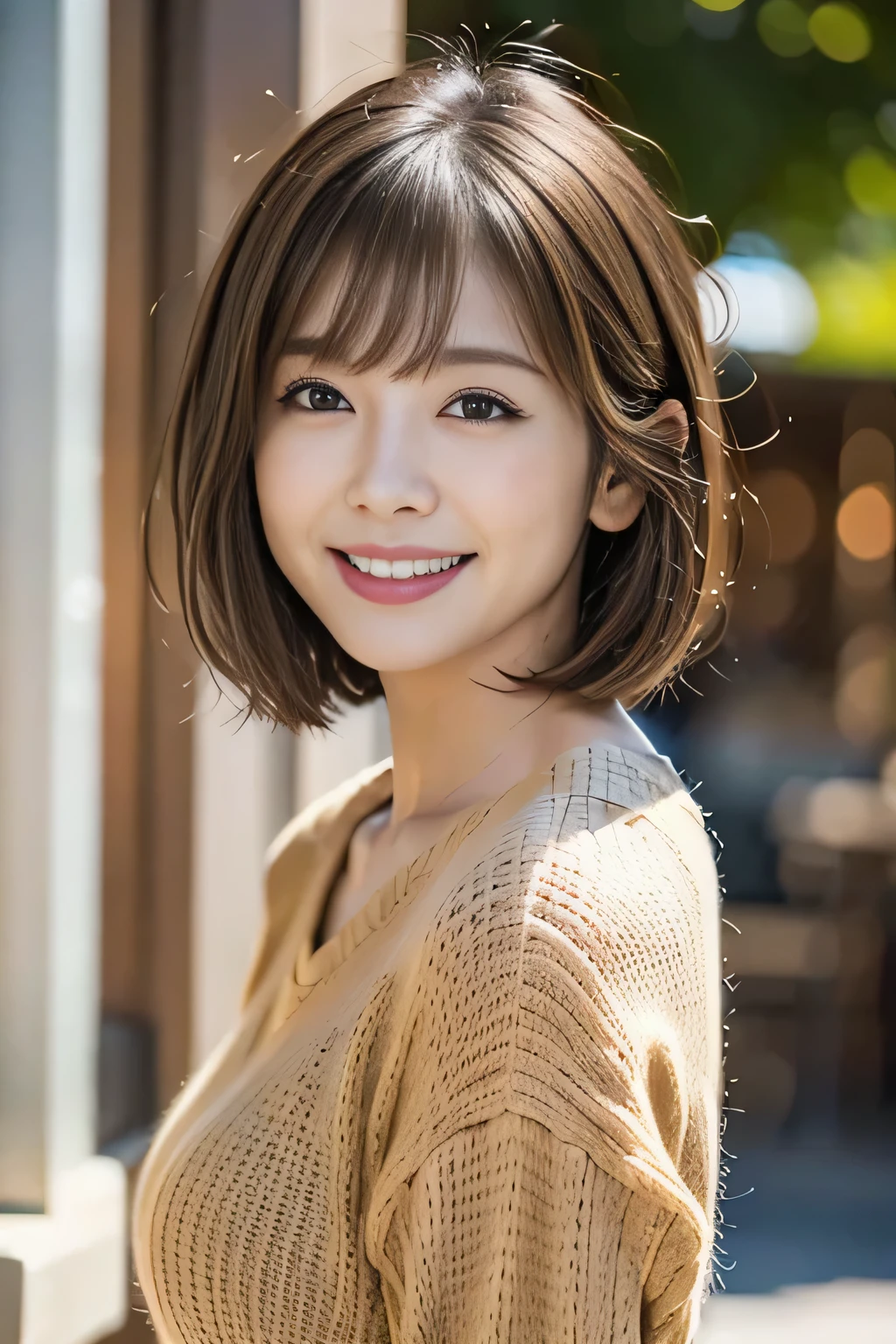 シルクのブラウス、light brown hair, blunt bangs, bob cut, grin, depth of field, Fujicolor, UHD, masterpiece, anatomically correct, high quality, 8k, バストアップショット、