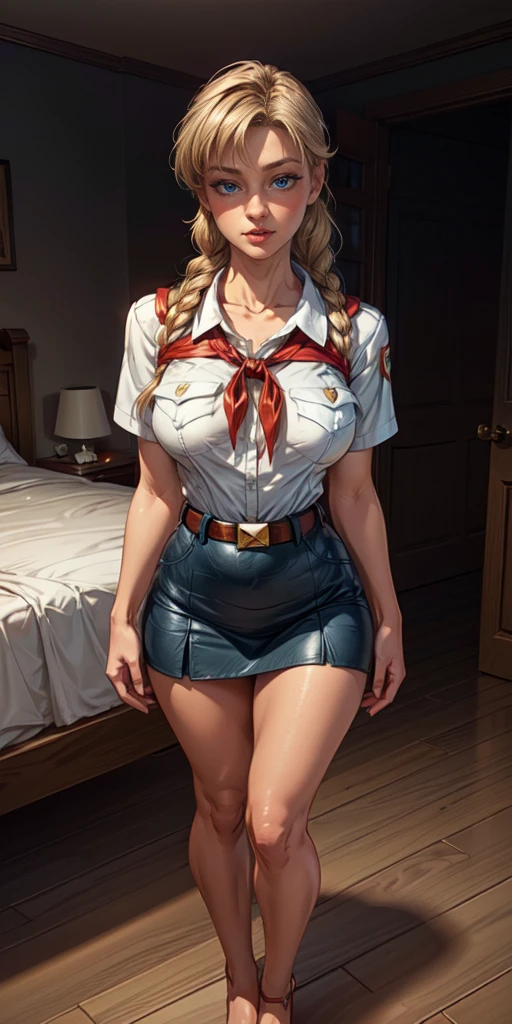 detailed eyes, (full body shot:1.2), 8k, (skinny body:1.2), curvy, (hands behind her back:1.2), seductive pose, (looking at viewer, 8k vector photography, young teen, beautiful eyes, realistic lighting, detailed outfit, realistic facial features, hyper detail, (perfect angle, focus on face hips and breastegane)), (very long hair:1.3), long braids, medium bursting breast, pioneer neckerchief, micro blue tight skirt, bangs, collarbone, very tight white shirt, short sleeves, collared shirt, belt, eyelashes, red neckerchief, breast pocket, resembles a sex doll, maryarya, very light blonde hair, blue eyes