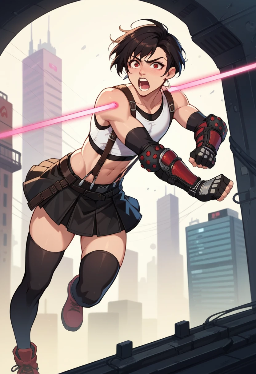 score_9, score_8_up, score_7_up, 1boy, solo, (male:1.5), male focus, male body, 7rtifa, red eyes, black hair, short hair, earrings, crop top, suspenders, pleated miniskirt, black thighhighs, arm guards, elbow gloves, fingerless gloves, pink laser beam, pink aura, screaming, looking at you, dark futuristic city,