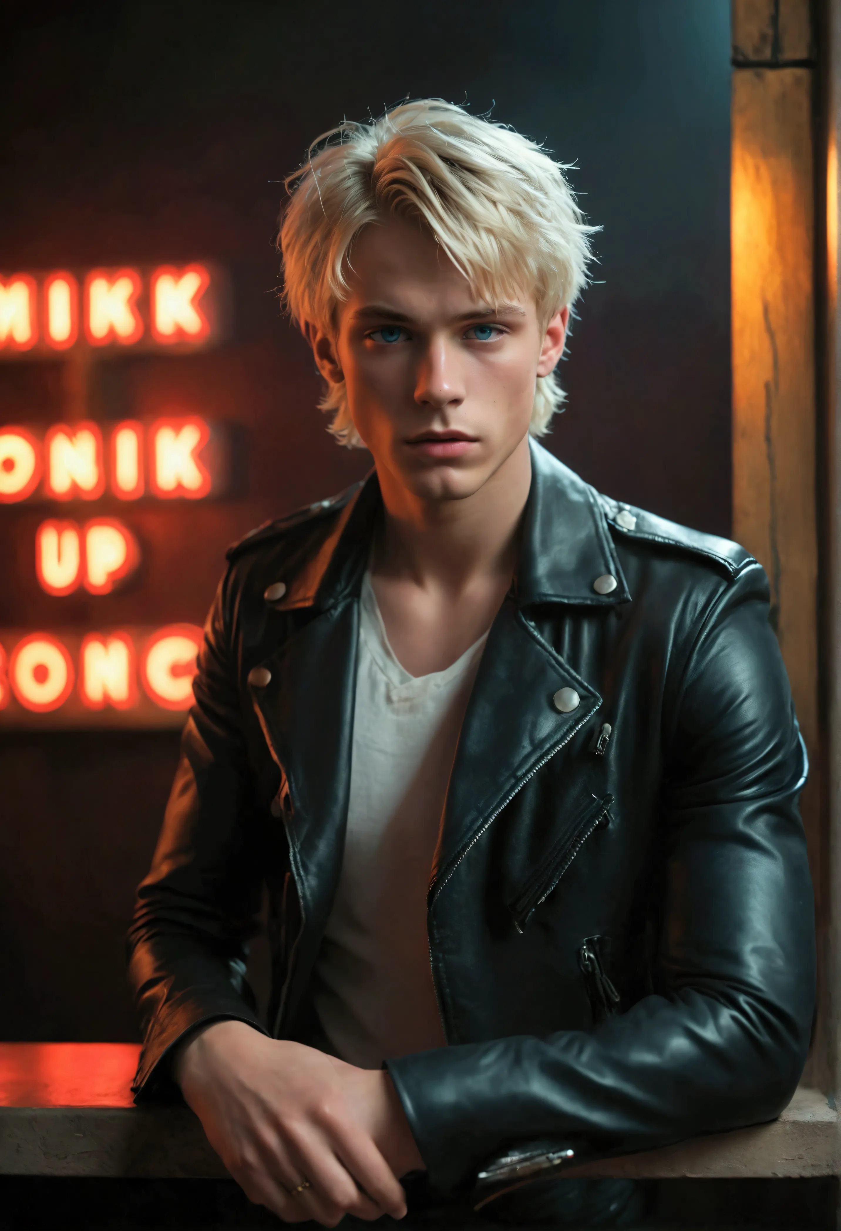 hyper realistic, dark vibes, solo, young male fashion model dominik sadoch, boyish, 22 years, pale skin, blue eyes, (short textu...