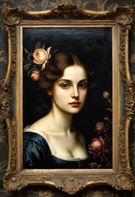 portrait, frame, old picture, horror tone, dark senss dead flowers in background, oil paint, antique period, the image was paint...