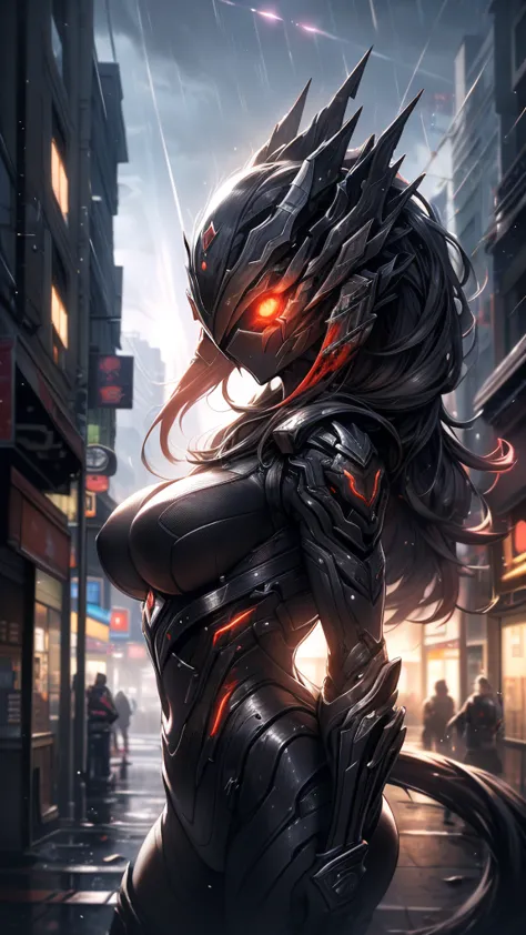 1 japanese girl, warframe, complex patterns, heavy metal, energy line, the faceless, glowing eyes, elegant, intense, blood red a...