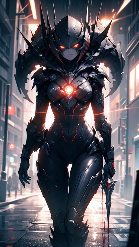 1 japanese girl, warframe, complex patterns, heavy metal, energy line, the faceless, glowing eyes, elegant, intense, blood red a...