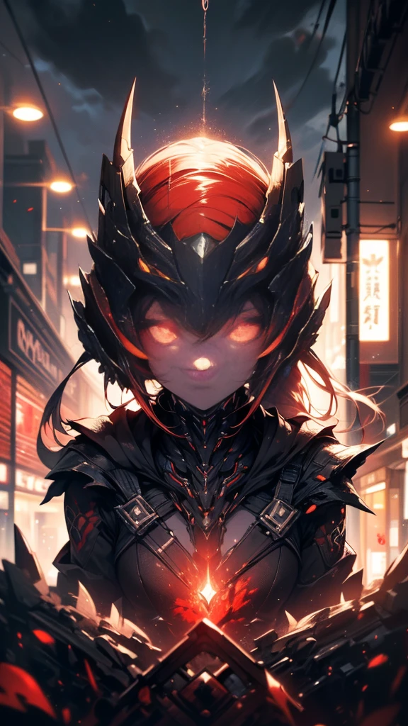 1 Japanese girl, Warframe, Complex patterns, heavy metal, Energy Line, The Faceless, Glowing eyes, elegant, intense, Blood red and black, Solitary, Modern, City, street, dark clouds, thunderstorm, Heavy rain,, Dramatic Lighting,, (masterpiece:1.2), best quality, high resolution,   Exquisite and detailed, Extremely detailed, Perfect lighting,