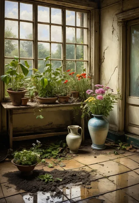 create a painting of a greenhouse with plants and flowers, next to a broken vase that has dirt on the floor. this painting was d...