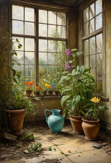 create a painting of a greenhouse with plants and flowers, next to a broken vase that has dirt on the floor. this painting was d...