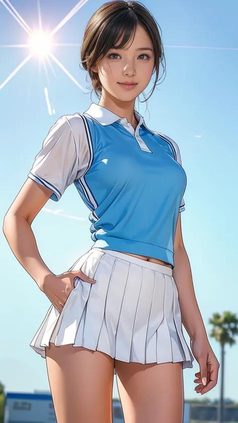 (masterpiece), Very realistic, A smile that seduces the viewer, (Wet transparent cropped white and light blue sports uniform:1.5...