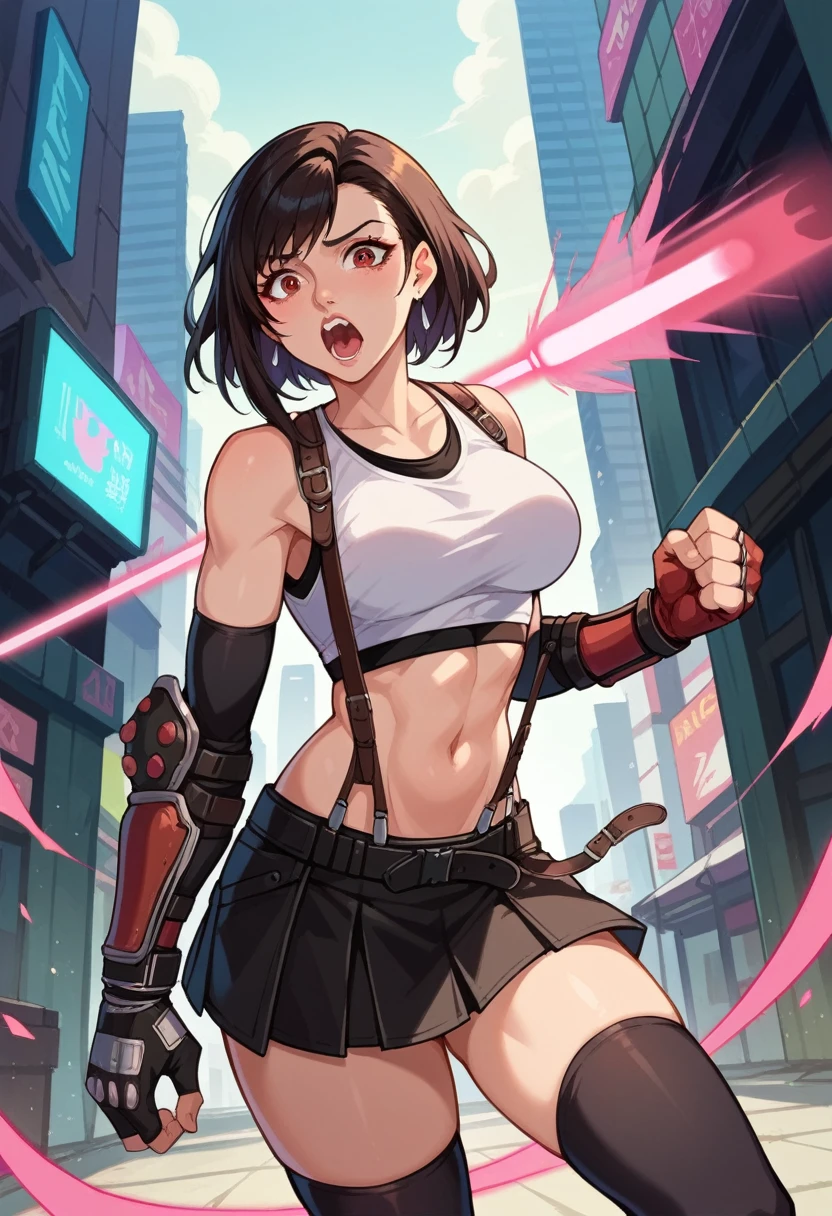 score_9, score_8_up, score_7_up, 1boy, solo, (male:1.5), male focus, male body, 7rtifa, red eyes, black hair, short hair, earrings, crop top, suspenders, pleated miniskirt, black thighhighs, arm guards, elbow gloves, fingerless gloves, pink laser beam, pink aura around body, screaming, looking at you, dark futuristic city,