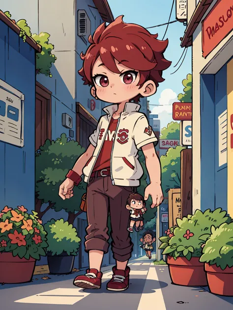 a boy character wearing maroon almameter (chibi version). he's walking on the street go to campuss  Comic style with bright colo...