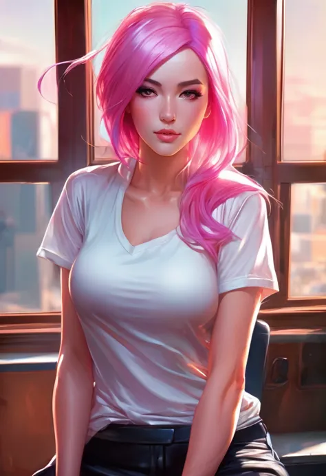 a fullbody of a woman with pink hair and a white top, beautiful comic art, style artgerm, seductive anime girl, artgerm portrait...