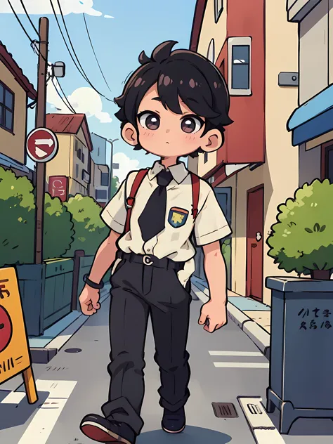 a boy character (neat black hair) wearing collared shirt (chibi version). he's walking on the street go to campuss  Comic style ...