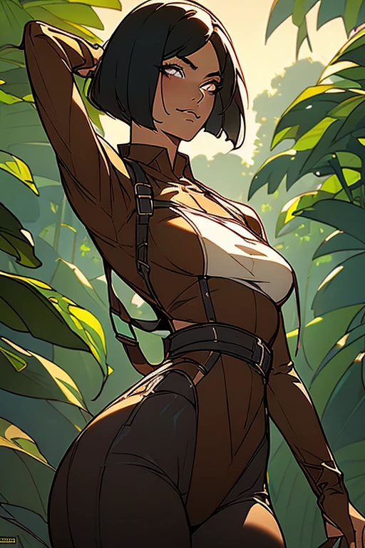 Just one girl,white skin,(glow up),Best quality, 4k, high resolution, body stuck dress, perfect smile, gorgeous, light skin, ahegao face(hentai face) ,black hair,(chin-length bob cut, some hair in middle),(mikasa ackerman hairstyle), straight hair, wearing A white shirt and black pants,(pants are black, wearing A brown leather body harness( Matching brown boots), clothes are stuck in body, bodyfit outfit,1 girl, solo, seductive look, elegance and charm, (masterpiece, best quality, high resolution), looking at the viewer, standing, (intricate and beautiful:1.2), (detailed light:1.2), (soft light, side light), (high resolution textures) , outdoor, Burmese girl,, wearing harness over the outfit ,outdoor background, sun light, attractive, sexy, mature and hot, young,(masterpiece:1.3), (disorganized:1.3), (highest quality:1.3), perfect anatomy, detailed face, front view, perfect right hands, looking at viewer, (Super detailed:1.3), (best shadow:0.7), (treated hair), fine eyes, beautiful eyes, young aged woman, alone, standing, crystal earrings,closed_mouth, , outdoors,Thick thighs, arrogant face, small ,outfit detail,
Correct outfut details,