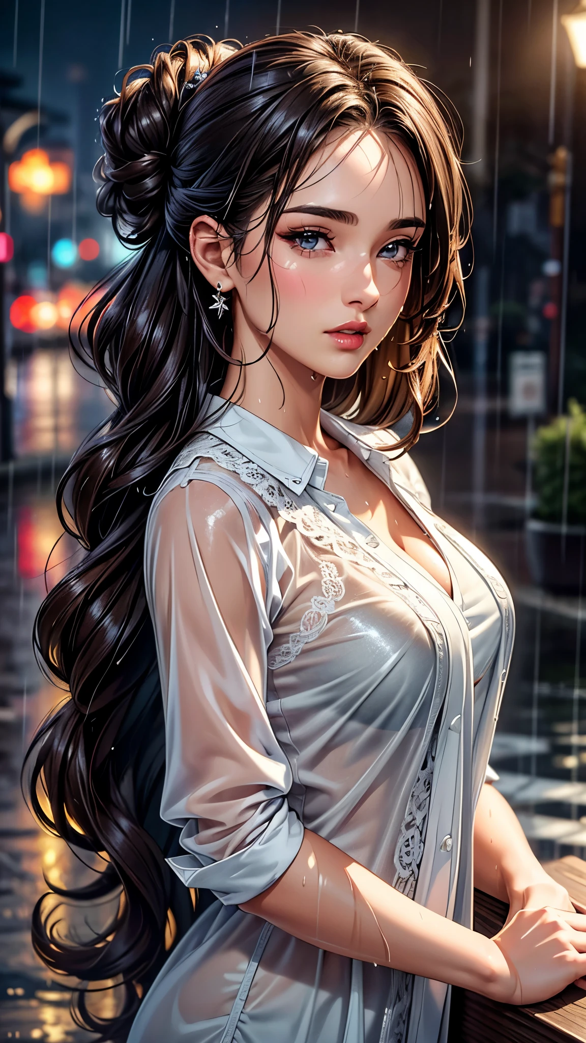 (best quality, 8K, masterpiece:1.3), pretty Woman, 1 girl, beautiful face, (Sexy), Dark brown hair, Half updo Half up half down, (wet from rain, wet by rain, wet :1.2), White vest, Ultra-detailed face, Detailed lips, super detailed eyes, double eyelids, long upper eyelashes, Soft skin, HD skin, 8k, Super detailed, best quality detail, retina, Ultra-high resolution, masterpiece, ccurate