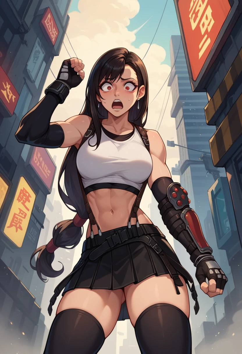 score_9, score_8_up, score_7_up, 1boy, solo, (male:1.5), 7rtifa, red eyes, black hair, medium hair, earrings, crop top, suspenders, pleated miniskirt, black thighhighs, arm guards, elbow gloves, fingerless gloves, stiff hands, shocked face, standing, looking down, dark futuristic city,