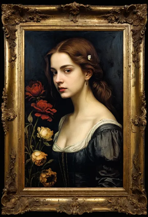 portrait, frame, old picture, horror tone, dark senss dead flowers in background, oil paint, antique period, the image was paint...