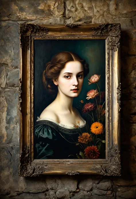 portrait, frame, old picture, horror tone, dark senss dead flowers in background, oil paint, antique period, the image was paint...