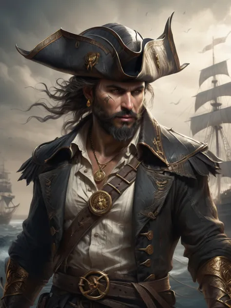weathered skin pirate, tilted tricorn hat with turned-up brim, sun-tanned skin, black beard, golden hoop earrings, golden rings,...