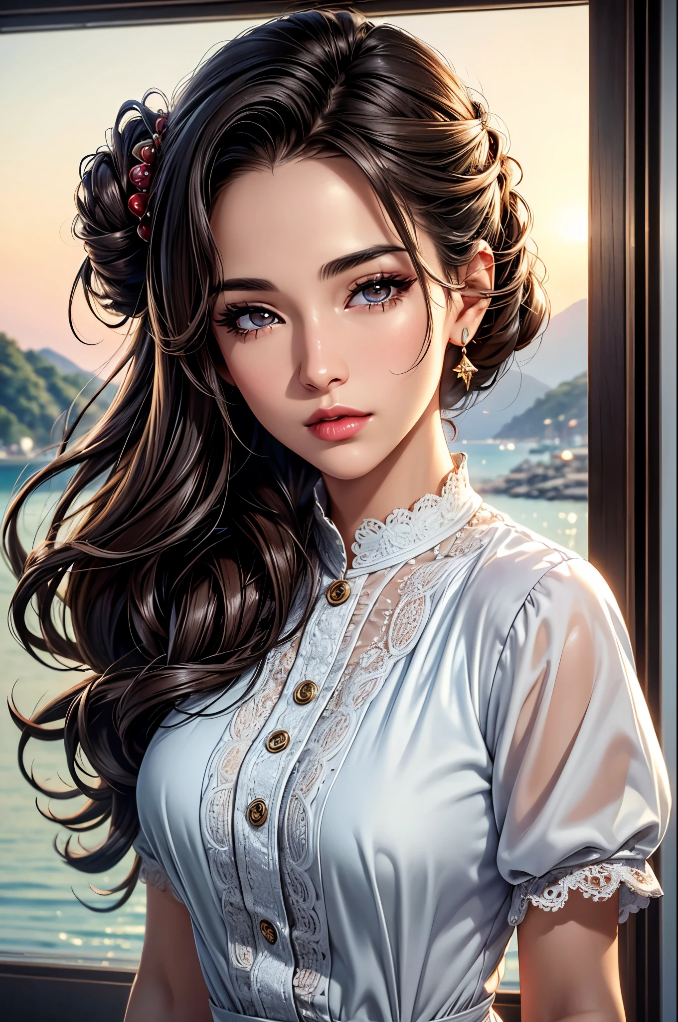 (best quality, 8K, masterpiece:1.3), pretty Woman, 1 girl, beautiful face, (Sexy), Dark brown hair, Half updo Half up half down, Ultra-detailed face, Detailed lips, super detailed eyes, double eyelids, long upper eyelashes, Soft skin, HD skin, Sabah, Sea Holiday House, sea, 8k, Super detailed, best quality detail, retina, Ultra-high resolution, masterpiece, ccurate