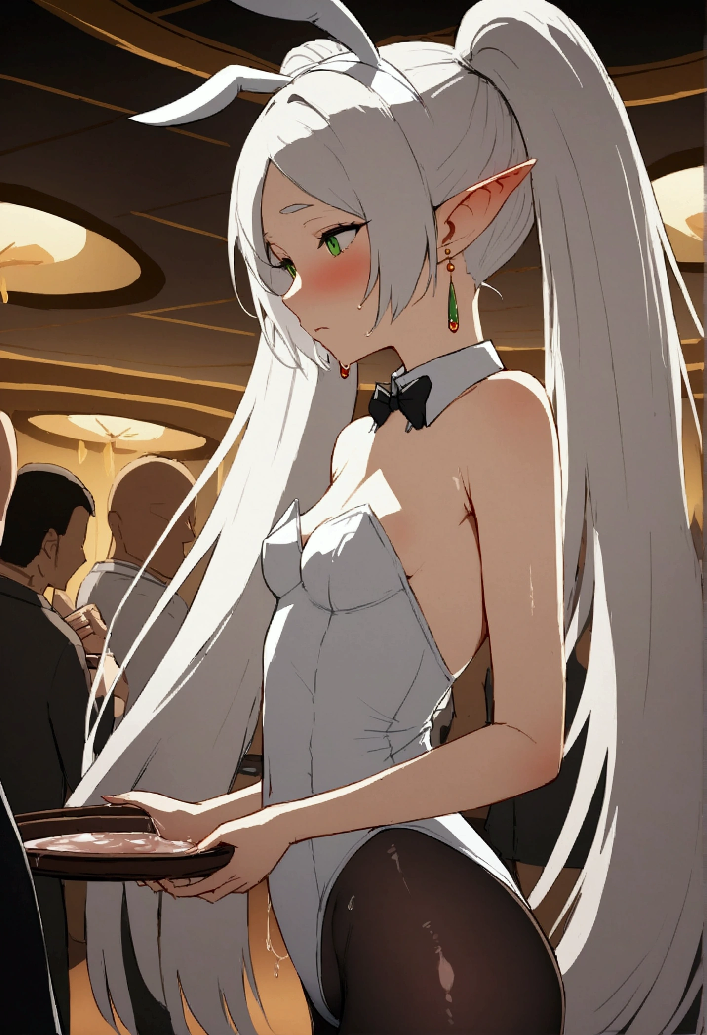 NSFW,masterpiece,Highest quality,High resolution,Very detailed,Frielen\(葬送のFrielen\),Pointed Ears,Green Eyes,Twin tails,very long hair of white color,, Earrings,Playboy Bunny,Black Pantyhose,Small breasts,casino,blush,sake,Serve customers,A large number of people,A man touches his butt,Committing sexual harassment,(Molester),Body touch,From the side,My pussy is wet,Love juice dripping from the pussy,afterwards,Creampie