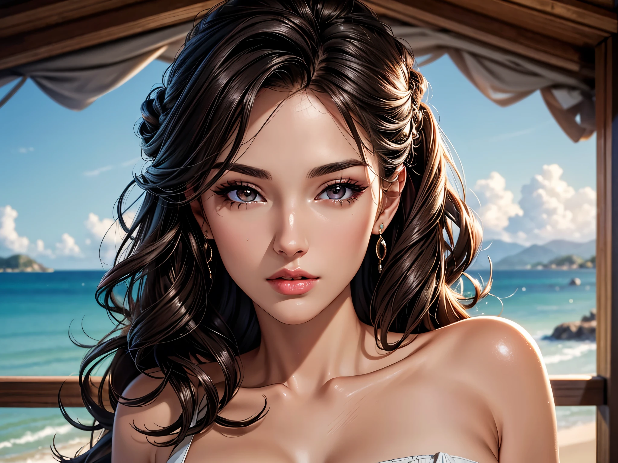 (best quality, 8K, masterpiece:1.3), pretty Woman, 1 girl, beautiful face, (Sexy), Dark brown hair, Half updo Half up half down, Ultra-detailed face, Detailed lips, super detailed eyes, double eyelids, long upper eyelashes, Soft skin, HD skin, Sabah, outdoor, Sea Holiday House, sea, 8k, Super detailed, best quality detail, retina, Ultra-high resolution, masterpiece, ccurate