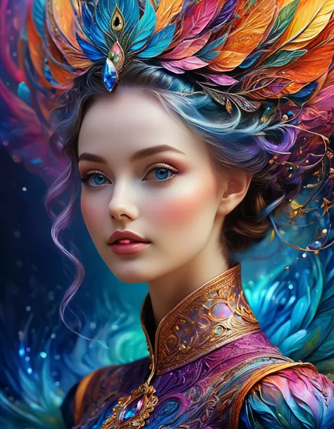 (best quality, ultra-detailed, realistic:1.37), captivating surrealism, mesmerizing female fantasy face, vibrant colors, etherea...