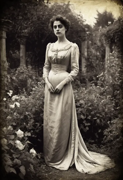 old picture of a women lady in a silk dress, with a dead garden background in the style of john singer sargent, horror, desatura...