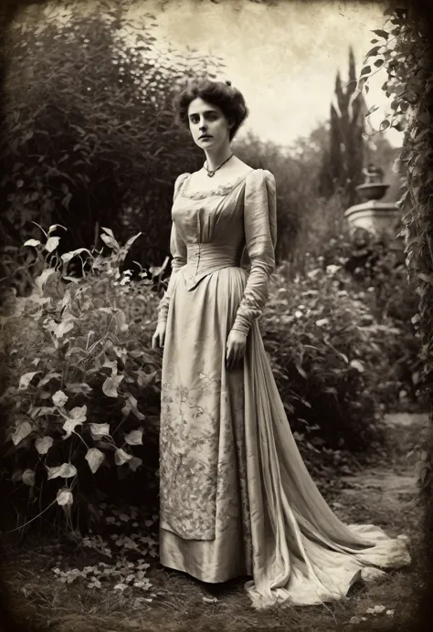 old picture of a women lady in a silk dress, with a dead garden background in the style of john singer sargent, horror, desatura...