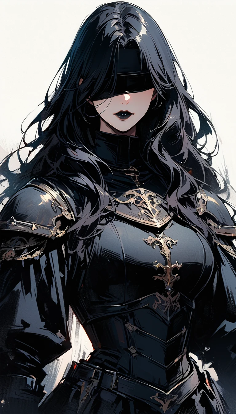 (high quality, 8k, 4K, high contrast, artwork:1.2, high quality, best aesthetics), (centered), ((1 woman)), mature body, super detailed, beautiful face detailed, detailed beautiful mouth, (long wavy black hair), (both eyes blindfolded), (blindfolded), (black blindfold), (serious expression), (black lipstick), (front view), (standing), (black medieval armor), (shoulder pads), (long black cape), (medieval knight)