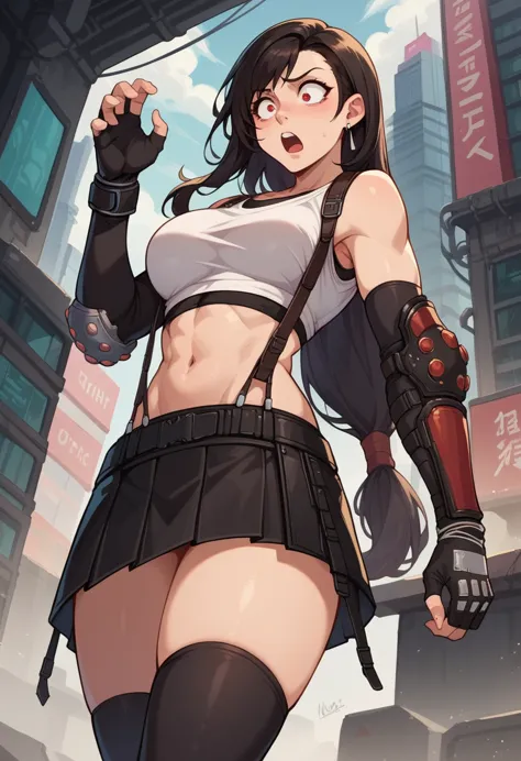 score_9, score_8_up, score_7_up, 1boy, solo, (male:1.5), male focus, 7rtifa, red eyes, black hair, medium hair, earrings, crop t...