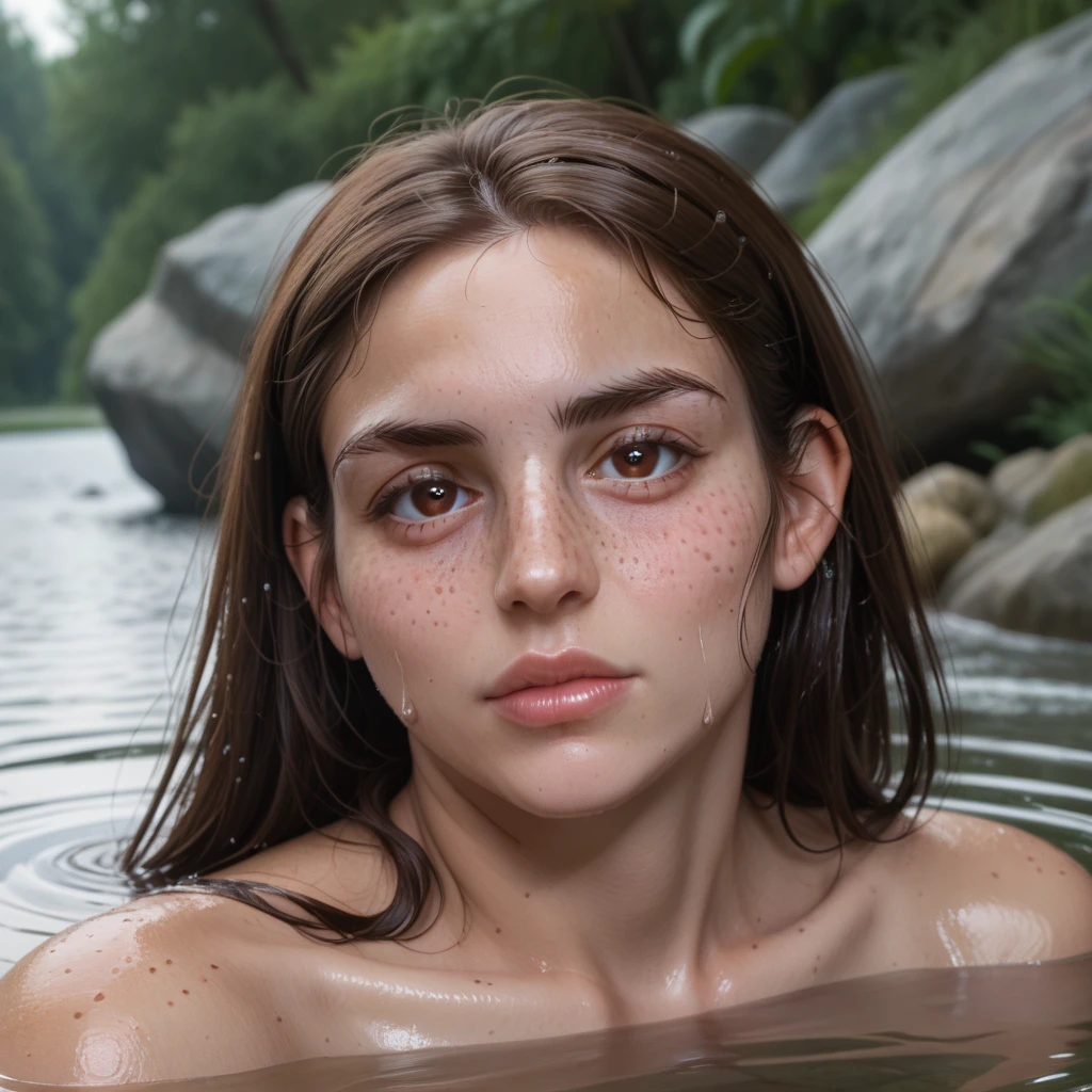 (GeGe:1.9), (woman), (brunette), (brown eyes), (freckles:1.9), score_9, score_8_up, score_7_up, score_6_up, score_5_up, score_4_up, 1girl, solo, naked, submerged, in water, wet, sweaty, long hair, full lips, large breasts, erect nipples, highly detailed nipples, submerged thighs, pussy hair, hairy pussy, pubic hair, , river, lake, rain, looking at viewer, face focus, side view, absurdres, detailed, volumetric lighting, realistic, expressiveH
