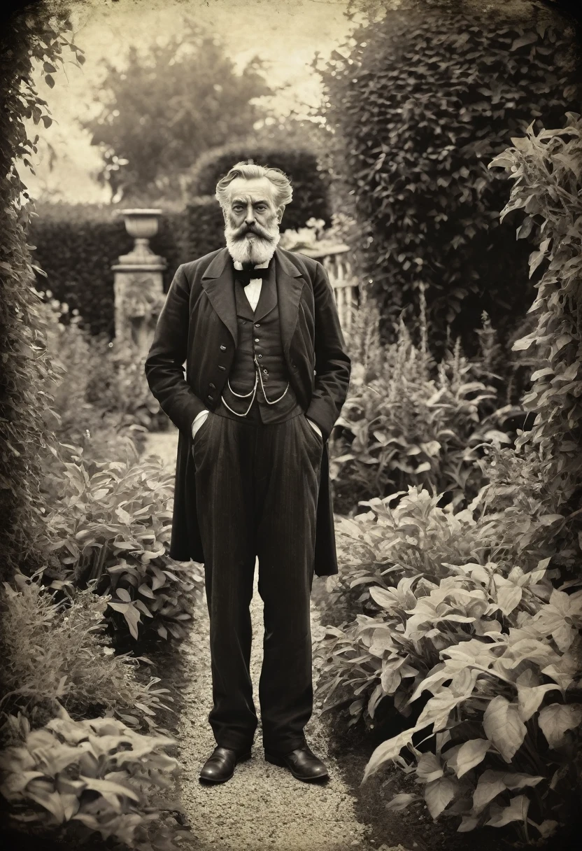 old picture of a man, barbe, dead garden backgrounds, in the style of John Singer Sargent, horror, desaturated, antique period, aged marks