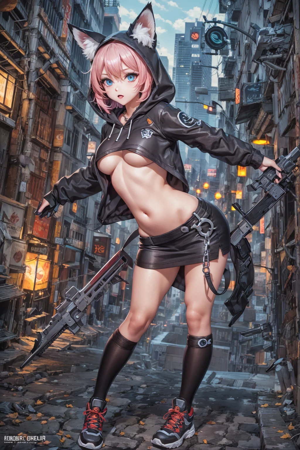 Oh, league of legend, sexy for, wallpapers, detailed eyes, fox ear, (fox tails), a skirt, (long pink fur), medium breasts, Looking at_It is shown in_Looking atl espectador, short_hair, gloves, belly button, fail, blue_there are eyes, Eternal, full_body, weapon, Footwear, necklaces, negro_gloves, pulp, hooded, hair_overcome_Yoon_there are eyes, Cultivator_above, hoodie, negro_pants, sneakers, Cut_jacket, cyber punk character, Cut_hoodie