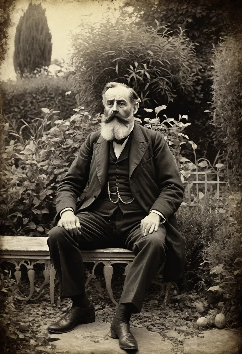 old picture of a man, barbe, seated, dead garden backgrounds, in the style of John Singer Sargent, horror, desaturated, antique period, aged marks