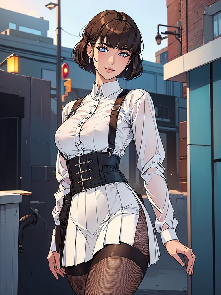 Just one girl,white skin,(glow up),Best quality, 4k, high resolution, body stuck dress, perfect smile, gorgeous, light skin, ahegao face, black eyes,(beautiful eyes),detail eyes, realastic eyes,  short bob cut hair(with side bang), brown hair (hair colour is brown) ,straight hair, wearing a office shirt  (top is white colour) and wearing black high-waisted short skirt(pleated skirt),and wearing skinny stalking pantyhose(fishnet stalking pantyhose),  clothes are stuck in body, bodyfit outfit,1 girl, solo, seductive look, elegance and charm, (masterpiece, best quality, high resolution), looking at the viewer, standing, (intricate and beautiful:1.2), (detailed light:1.2), (soft light, side light), (high resolution textures) , outdoor, white girl,, wearing harness over the outfit ,outdoor background, sun light, attractive, sexy, mature and hot, young,(masterpiece:1.3), (disorganized:1.3), (highest quality:1.3), perfect anatomy, detailed face, front view, perfect right hands, looking at viewer, (Super detailed:1.3), (best shadow:0.7), (treated hair), fine eyes, beautiful eyes, young aged woman, alone, standing, crystal earrings,closed_mouth, , outdoors, arrogant face, small ,outfit detail,
Correct outfut details,