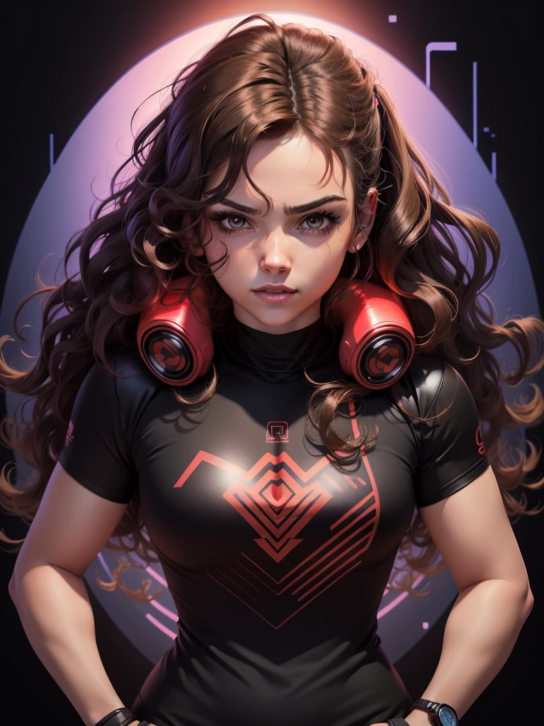 ready-to-print vector t-shirt design, cyber punk, medium brown woman with wavy hair red LED sound line illustration profile, black backdrop