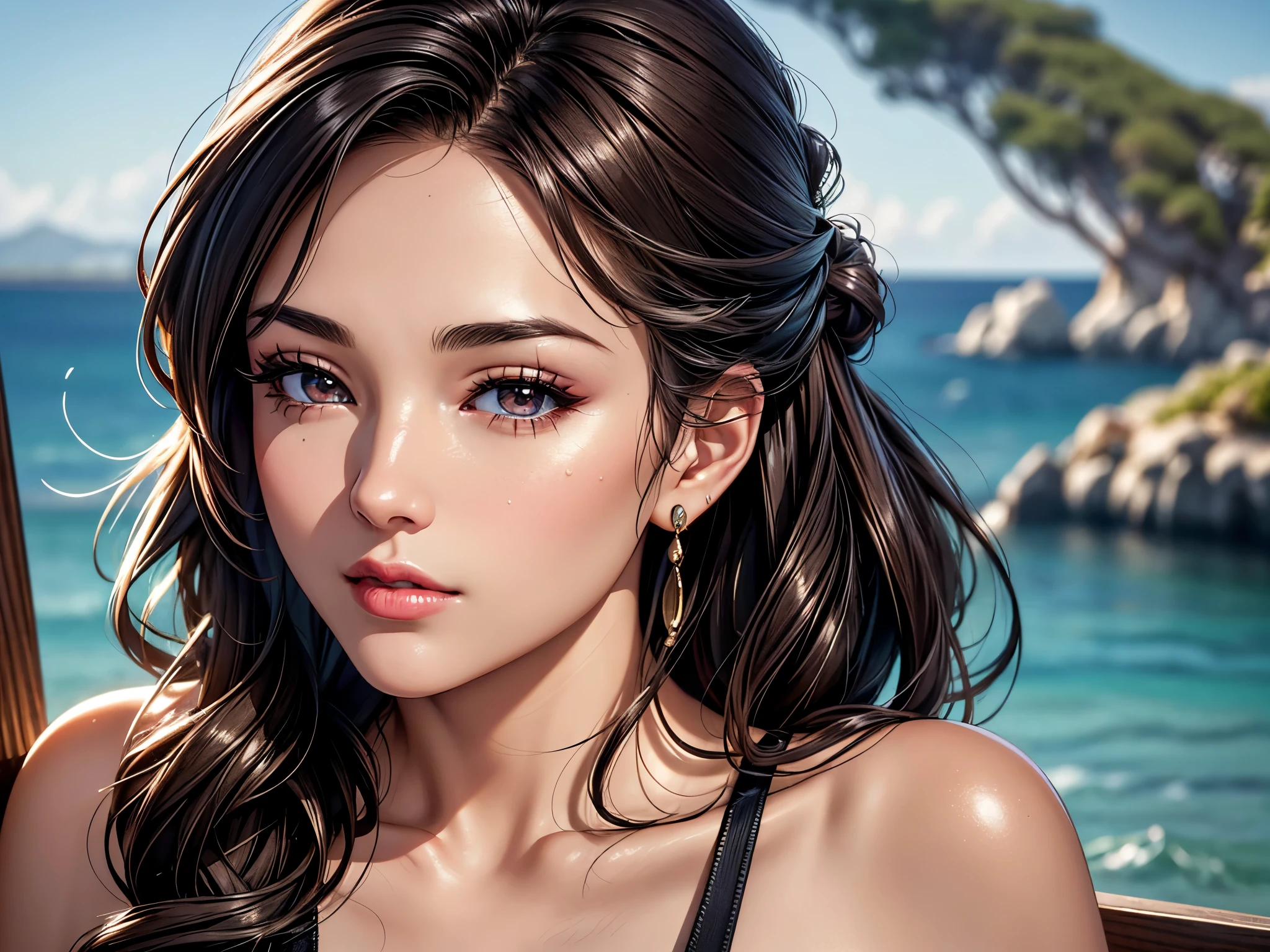 (best quality, 8K, masterpiece:1.3), pretty Woman, 1 girl, beautiful face, (Sexy), Dark brown hair, Half updo Half up half down, Ultra-detailed face, Detailed lips, super detailed eyes, double eyelids, long upper eyelashes, Soft skin, HD skin, Sabah, outdoor, Sea Holiday House, sea, 8k, Super detailed, best quality detail, retina, Ultra-high resolution, masterpiece, ccurate