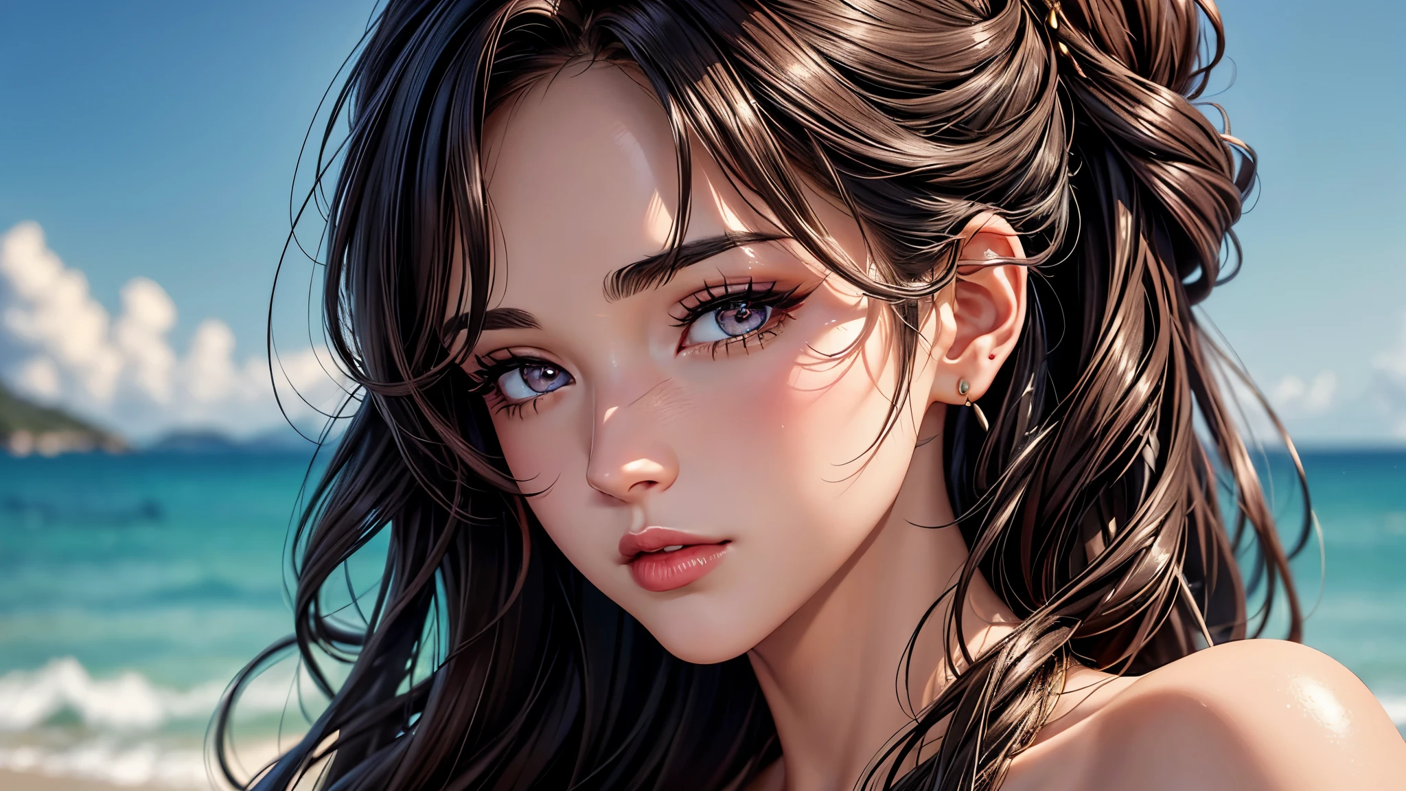 (best quality, 8K, masterpiece:1.3), pretty Woman, 1 girl, beautiful face, (Sexy), Dark brown hair, Half updo Half up half down, Ultra-detailed face, Detailed lips, super detailed eyes, double eyelids, long upper eyelashes, Soft skin, HD skin, Sabah, outdoor, Sea Holiday House, sea, 8k, Super detailed, best quality detail, retina, Ultra-high resolution, masterpiece, ccurate