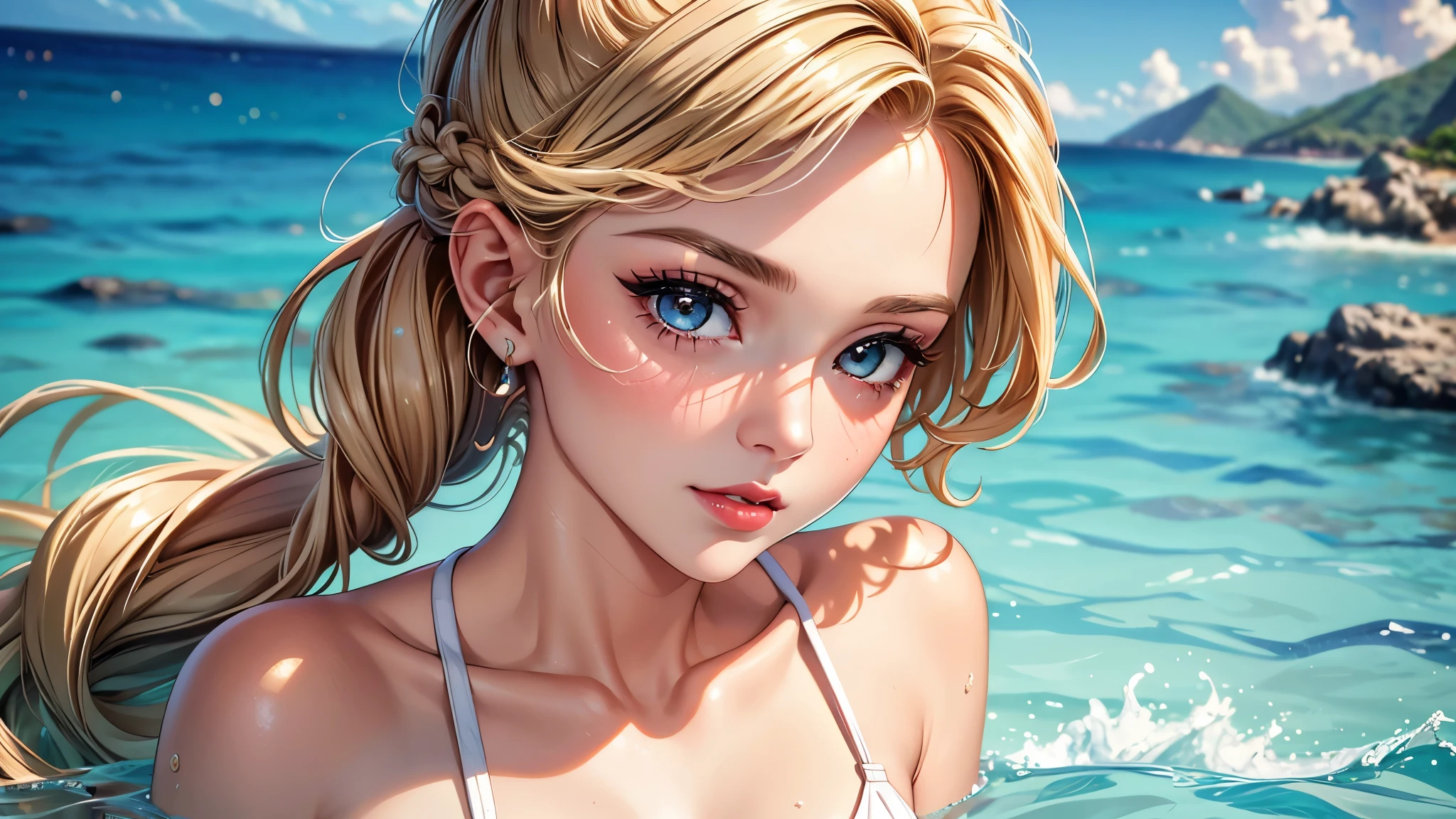 (best quality, 8K, masterpiece:1.3), pretty Woman, 1 girl, beautiful face, (Sexy), blonde hair, curly braided ponytail, white swimsuit, Ultra-detailed face, Detailed lips, super detailed eyes, double eyelids, long upper eyelashes, Soft skin, HD skin, (Caribbean Sea:1.2), playing in the sea, (in the sea, Half body in the sea), Coral Reef, small fish, 8k, Super detailed, best quality detail, retina, Ultra-high resolution, masterpiece, ccurate