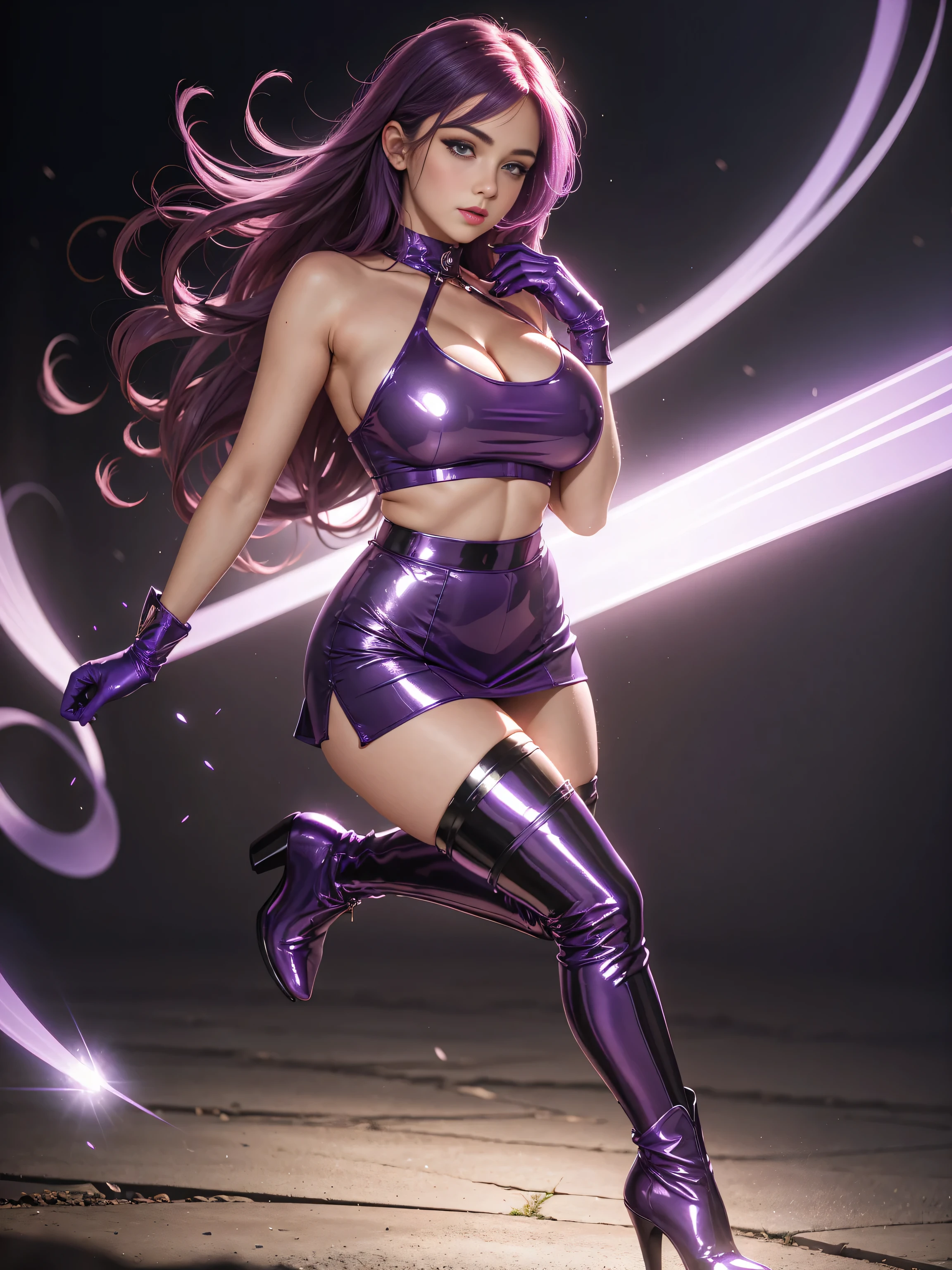 Full body, beautiful purple eyes, blush, cute face, high quality, 8k, high resolution, (1 cute woman, solo: 1.1), gigantic breasts, lips, beautiful background, long purple hair , shiny purple crop top, shiny purple skirt, shiny purple gloves, shiny purple heel boots, naked shoulders