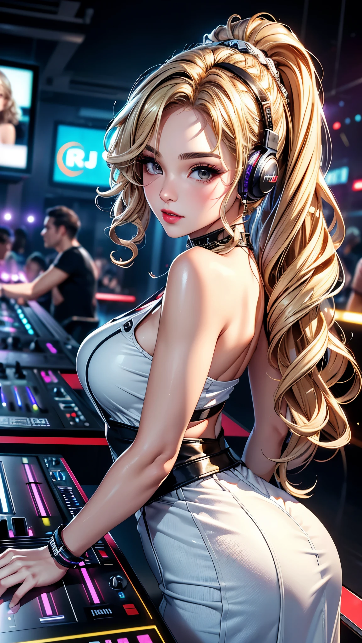 (Meilleure qualité, 8k, chef-d&#39;œuvre:1.3), Une jolie femme, 1 DJ fille, Beau visage, (Fille DJ à la discothèque, Lecteur DJ super populaire, Profitez de l’utilisation d’équipement DJ:1.2), (Sexy), cheveux blond, Queue de cheval tressée bouclée, (vêtements élégants), Portez des écouteurs, Affichage du visualiseur, Focus sur le lieu, visage ultra détaillé, lèvres détaillées, yeux super détaillés, Double paupières, cils supérieurs longs, Peau douce, HD Skin, portrait, Photo 8k, profondeur de champ, Super détaillé, Meilleure qualité detail, rétine, Ultra haute résolution, chef-d&#39;œuvre, précis 