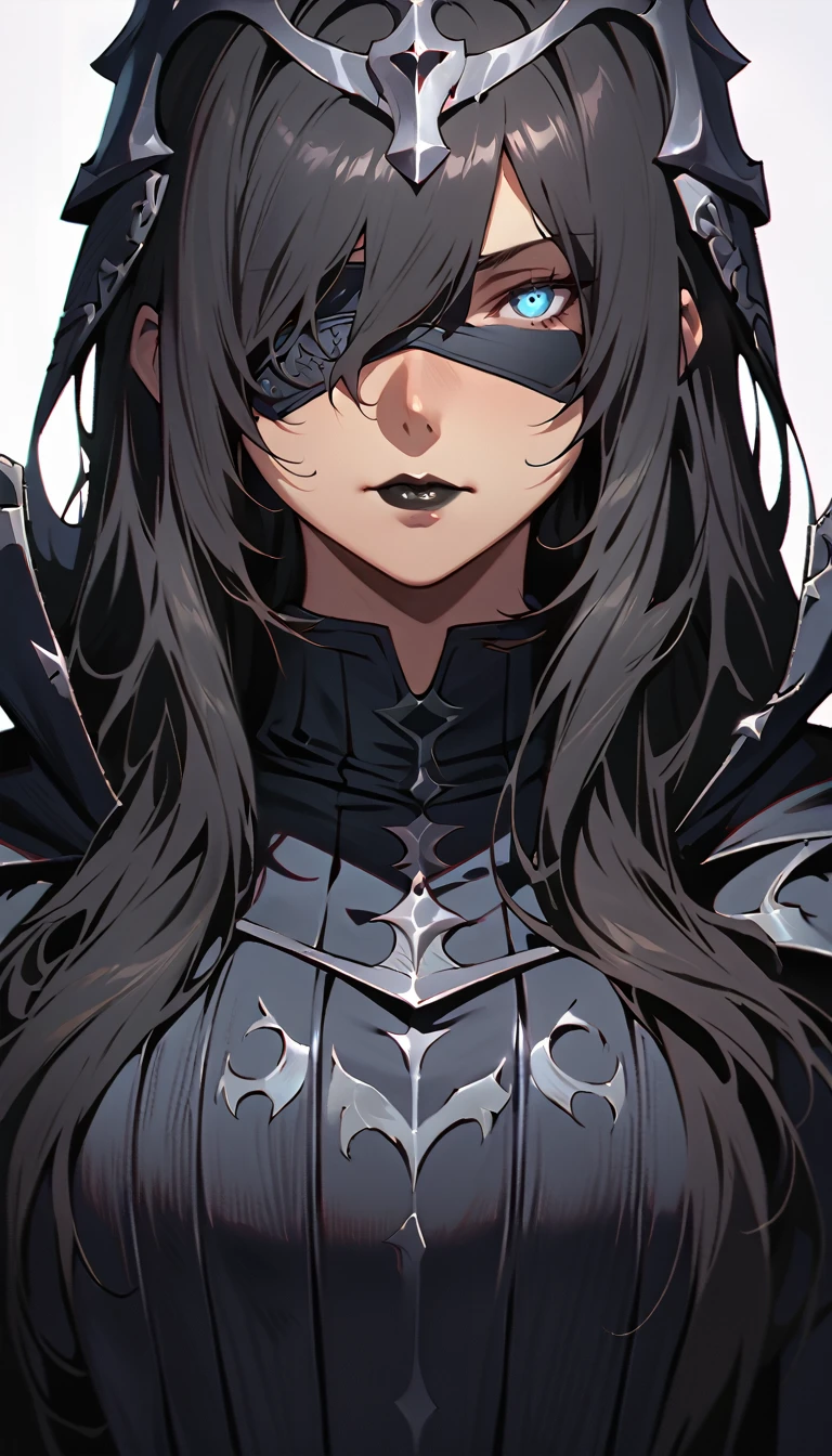 (high quality, 8k, 4K, high contrast, artwork:1.2, high quality, best aesthetics), (centered), ((1 woman)), mature body, super detailed, beautiful face detailed, detailed beautiful mouth, (long wavy black hair), (both eyes blindfolded), (blindfolded), (black blindfold), (serious expression), (black lipstick), (front view), (standing), (black medieval armor), (shoulder pads), (long black cape), (medieval knight)