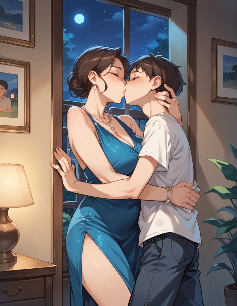 score_9, score_8_up, score_7_up, source_anime, 1boy, 1girl, mature female in a sexy revealing  dress, necklace, mother and son, kid, kissing , romantic, night time, in the living room, (against the wall) (from behind)