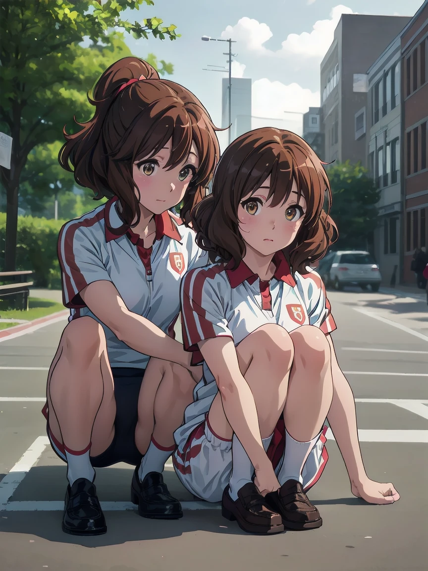 (Realistic, photo Realistic:1.2), ((Highest quality)), Shift the center of gravity backwards, Quite embarrassing, you_Kumiko_Euphonium Sound, brown_hair, short_hair, brown_eye, blush, Seraphim, 前hair, Bloomers, Gym suit, Sports boots, (Sit on the ground:1.4), Place your heels on the ground, (Spread your legs:1.2), Squat with your knees raised, Put your butt on the ground, Black Penny Loafers, Beautiful facial details, Real human skin, Gentle expression, Front view, angle From below, Realistic, photoRealistic, Crouching in the schoolyard, whole body, (Looking at the audience:1.2), from before, From below,