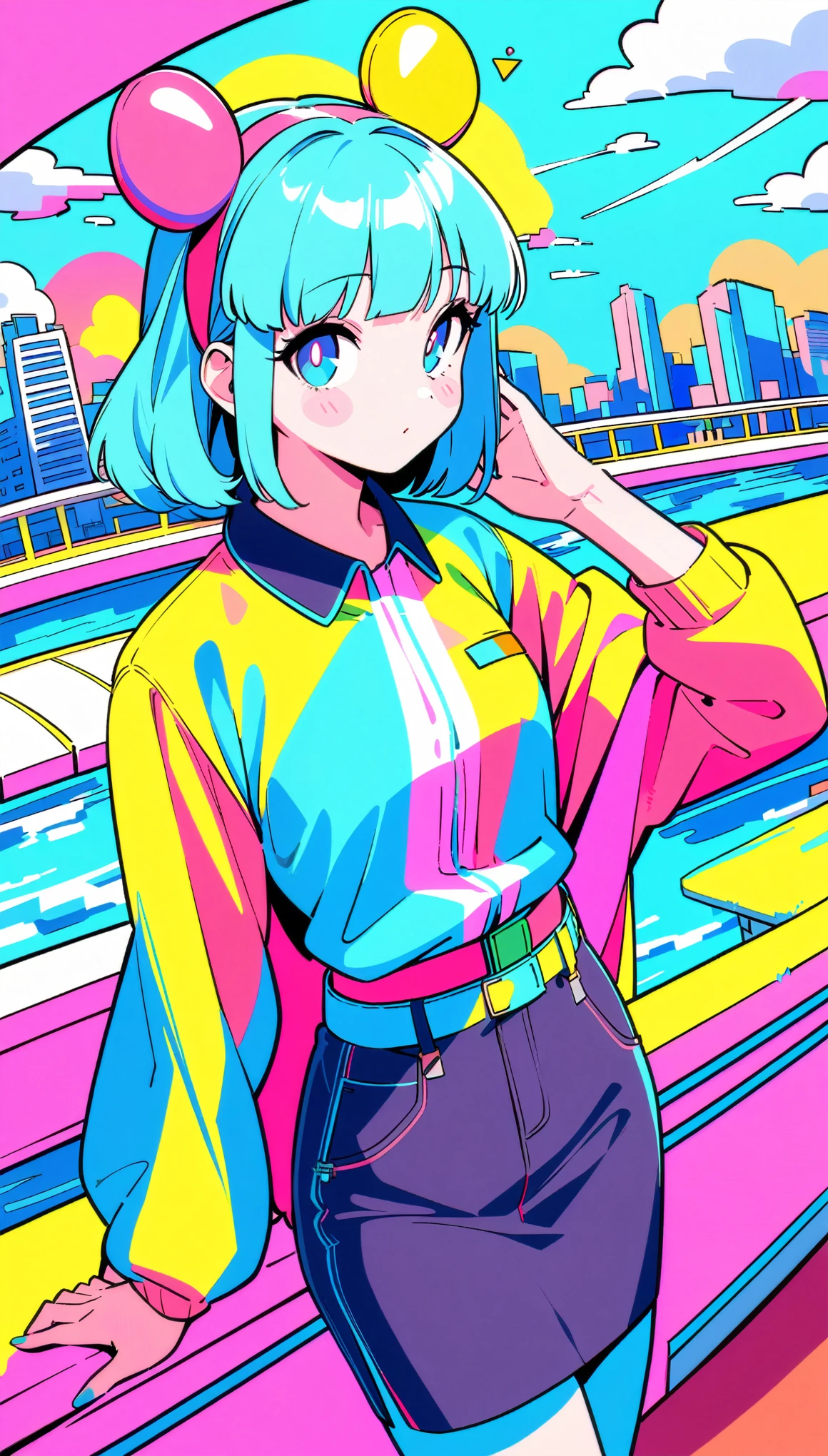 masterpiece, Highest quality, Beautiful attention to detail, Very detailed, In detail, High resolution, Perfect Anatomy, colorful, pastel colour, One girl, alone, (City pop illustrations), (City Pop Art), Simple Background, Retro Style, (Vaporwave City Pop), (1980s City Pop), (City Pop Anime), (river, bridge), Retro Style, 1980s Fashion, Cowboy Shot,