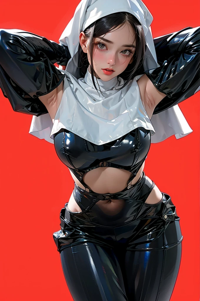 1girl,solo,medium breasts,(thigh gap:1.2),(cowboy shot:1.2),ruanyi020,squatting cowgirl position,black bodysuit,bdsm,nun,capelet,(white hair),, (masterpiece, best quality, hires, high resolution:1.2), (extremely detailed, realistic, intricate details, highres), 3d, cg,  bbw, shiny skin, , blush,, eyeliner, eyeshadow, eyelashes,, (gigantic breasts, saggy breasts:1.1), (cinematic lighting, sunlight, volumetric), looking at viewer, simple red background, vintage fantasy, 1960s \(style\), film grain,((show armpits,sexy armpits,clean armpits,sweat armpits))