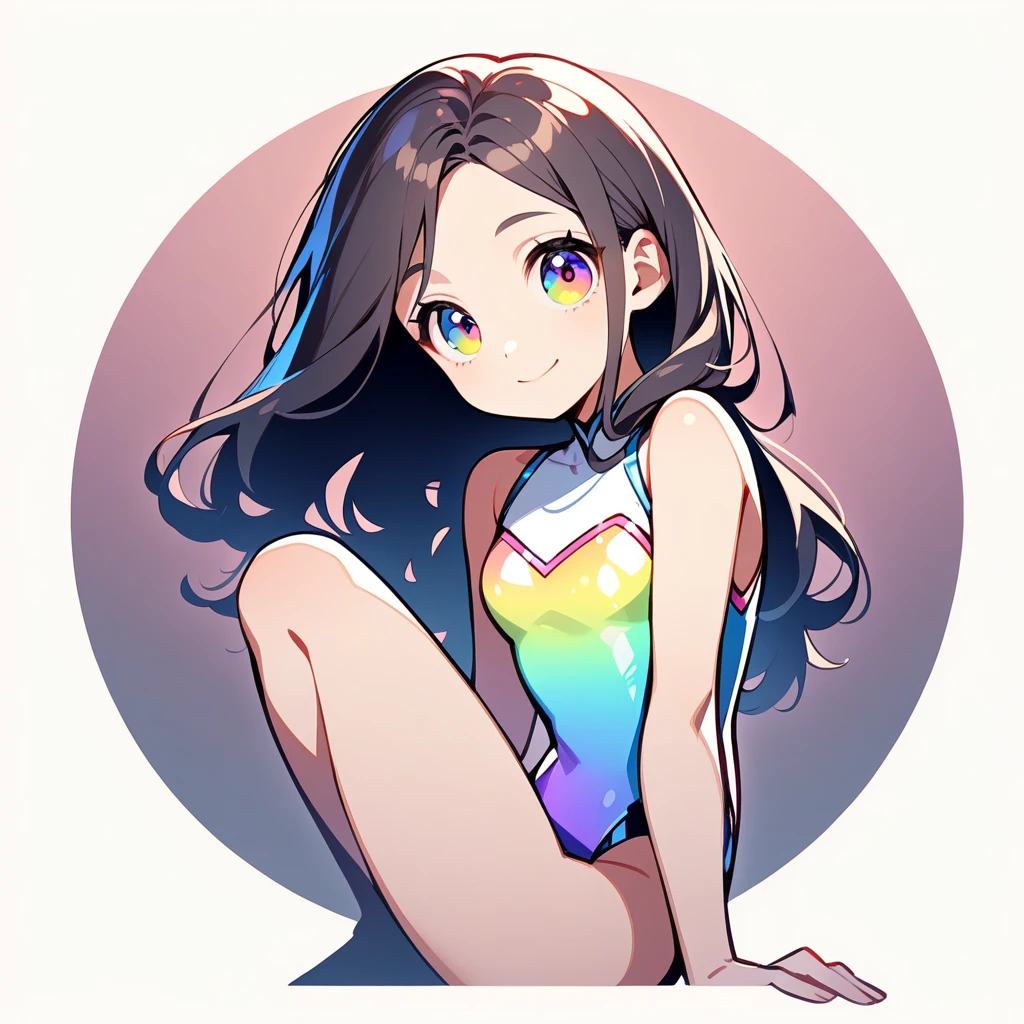 Round logo, Pink Background, (masterpiece:1.2),Highest quality,Pixiv ,One girl,alone,View your viewers,smile,White background only,whole body,From the side,One knee,,Look to the side、White backgroundのみ,A leotard with glittering embellishments,tight-fitting leotard,Rainbow gradient leotard,slim, Beautiful Eyes,軽いsmile,、No background、White background